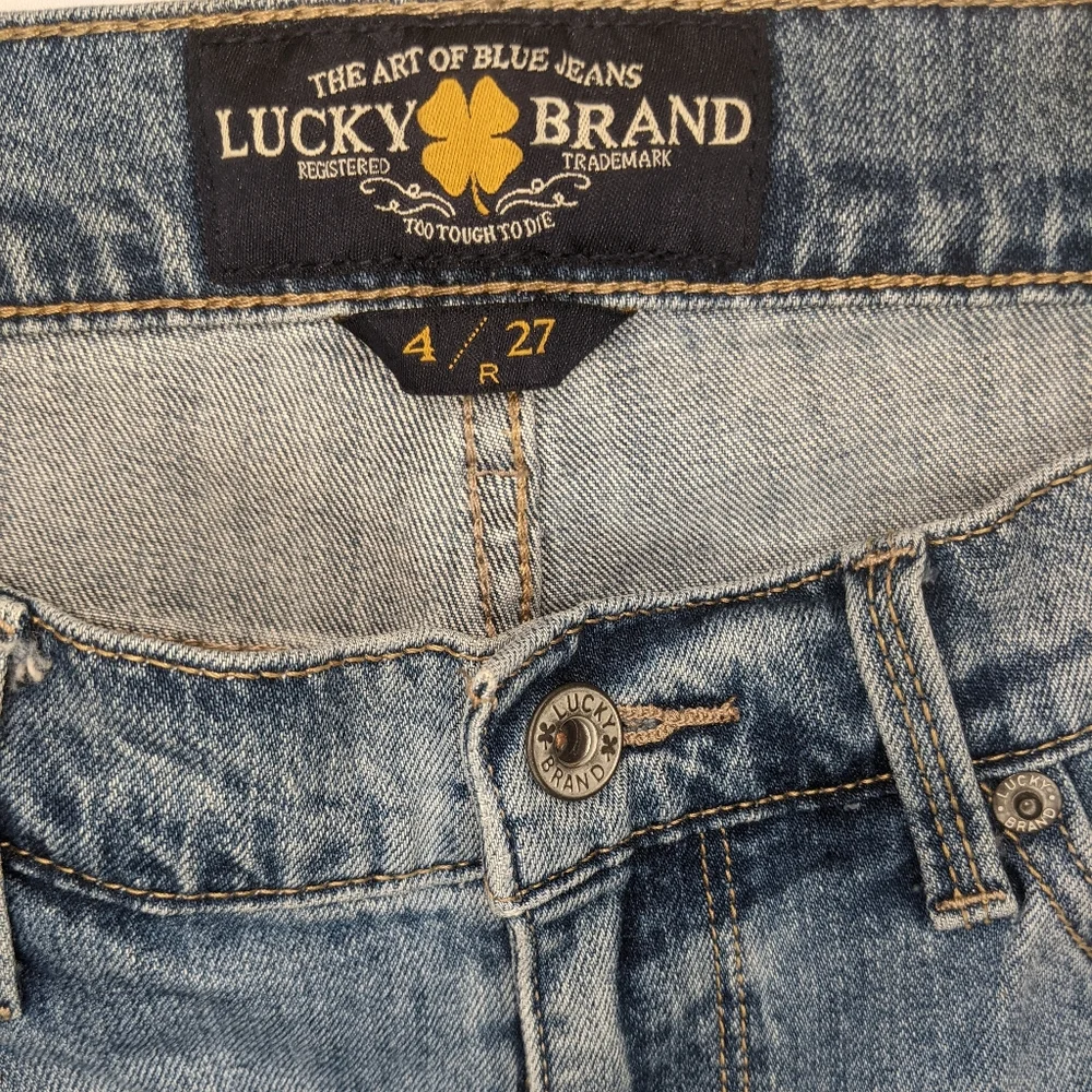Lucky Brand 4/27 Charlie Skinny Jeans Floral Embroidered Raw Hem Distressed